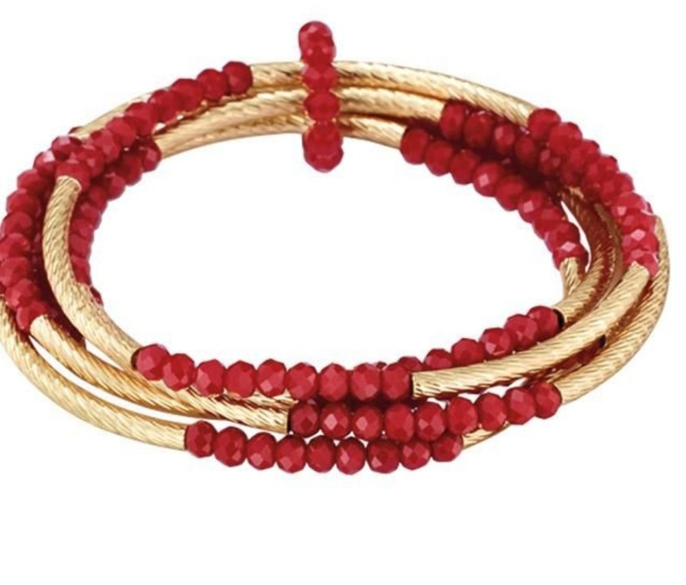 Shimmery Beaded Stretch Bracelet Set, red.